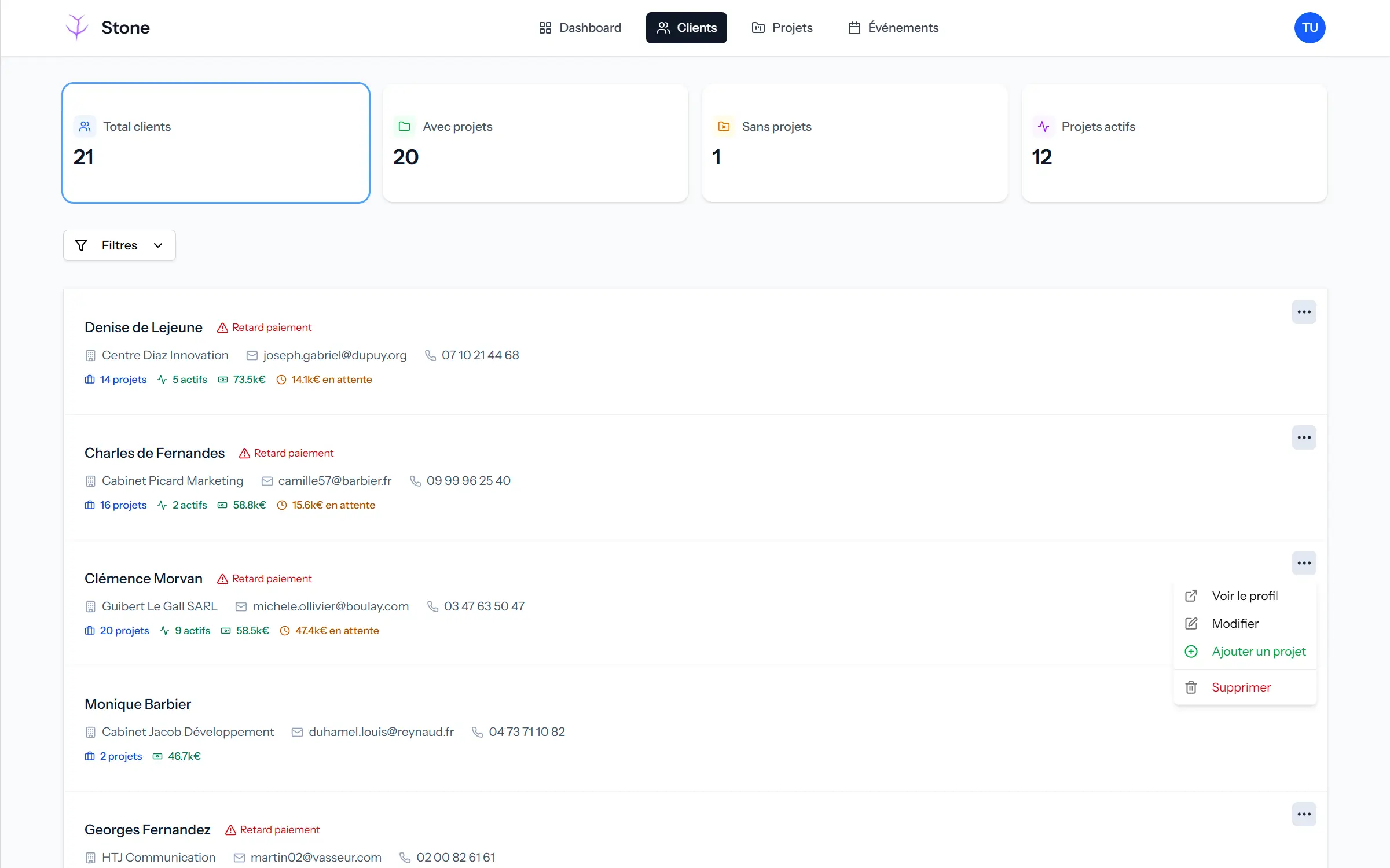 Capture d'écran de la page liste des clients. Vu de l'interface urilisateur, backoffice de l'application web Stone.